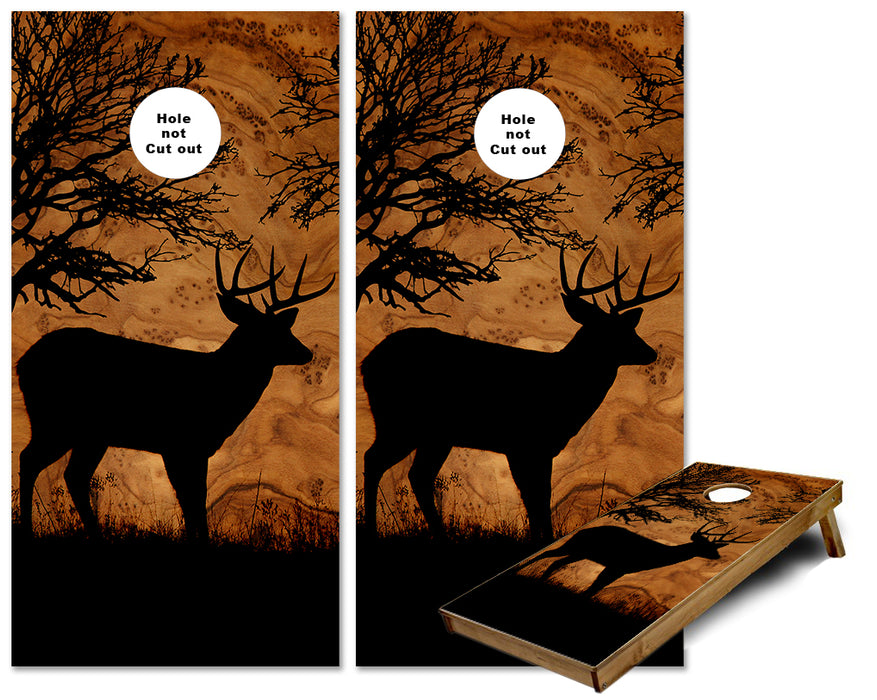 Deer Silhouette on Birds Eye Maple background cornhole wraps