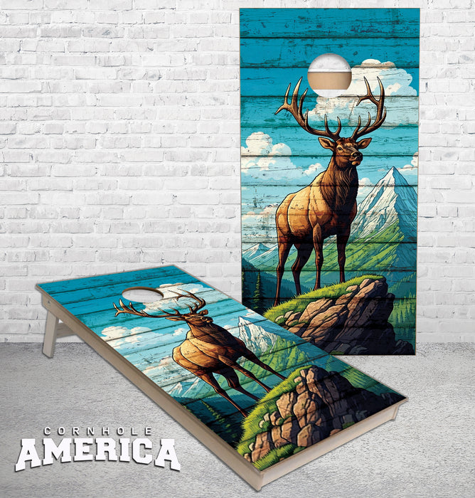 Elk Standing on Rock Mountain View Rustic Wood cornhole boards