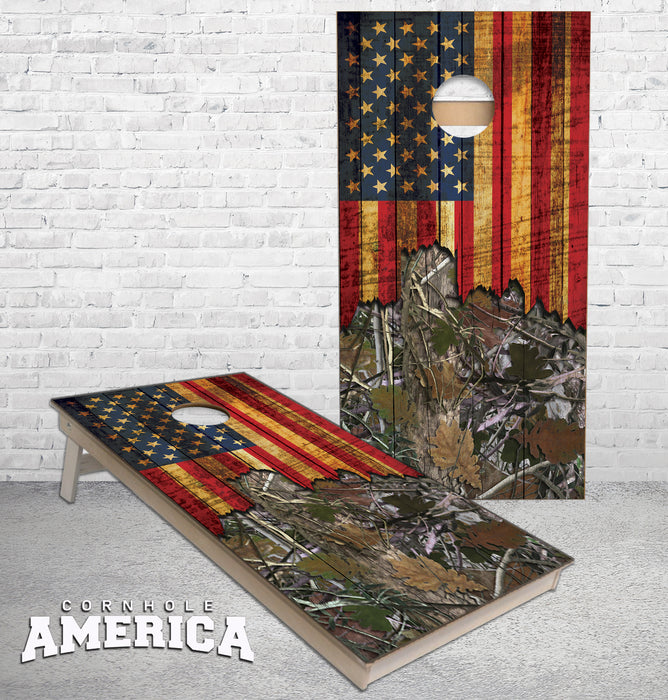 Jagged US Flag wood Leafy hunting camo cornhole boards