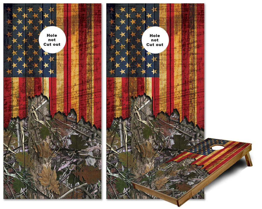 Jagged US Flag on rustic wood Leafy Hunting camo cornhole wraps