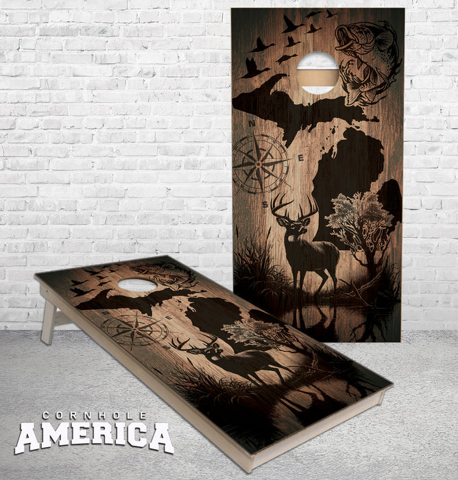 Michigan Wildlife Scene on medium brown cornhole boards