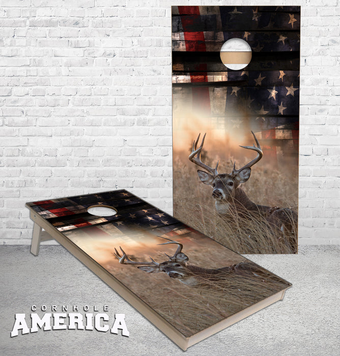 US Flag Whiskey Barrel American Flag Whitetail Buck Deer cornhole boards