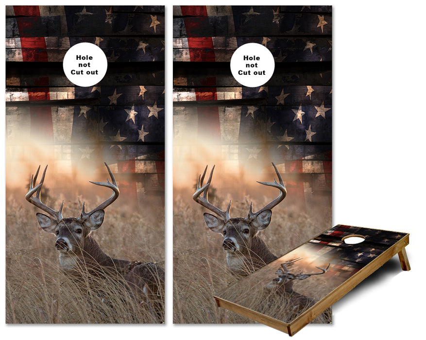 US Flag American Whiskey Barrel wood whitetail buck deer cornhole wraps