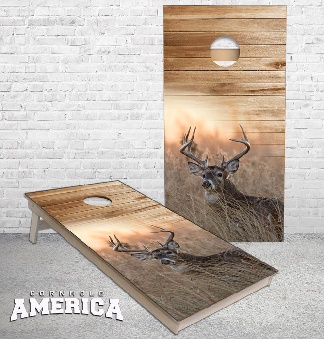 Whitetail buck in Field rustic wood cornhole boards