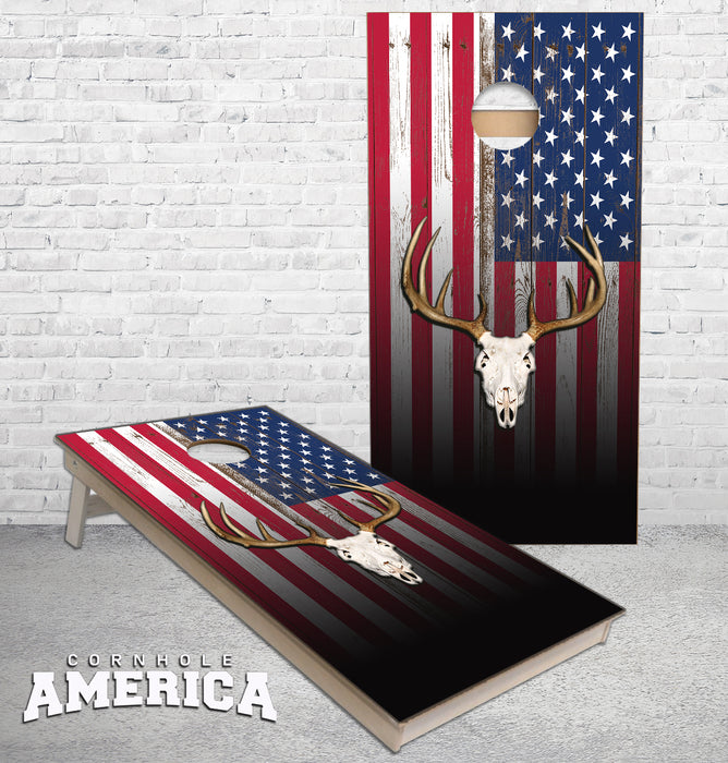 US Flag with Deer Skull Rack cornhole boards