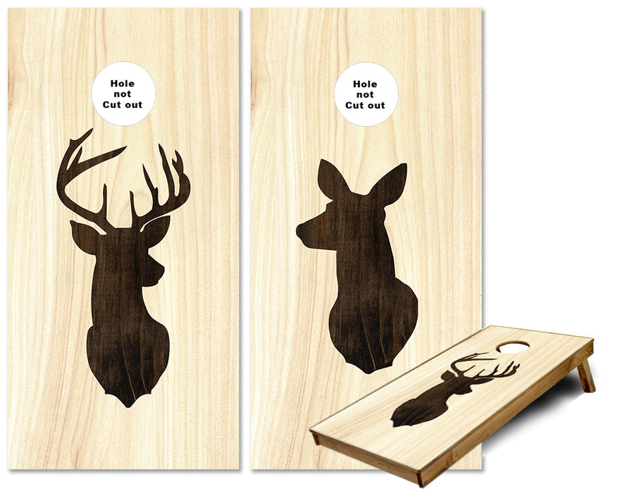 Deer Buck and Doe Silhouette dark on light cornhole wraps