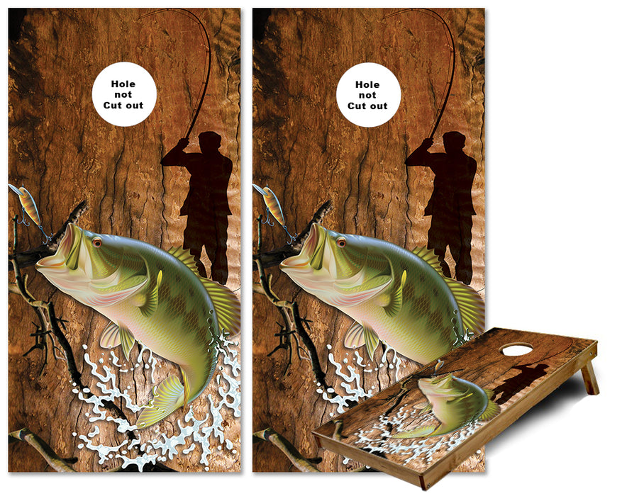 Bass Fisherman setting the hook cornhole wraps