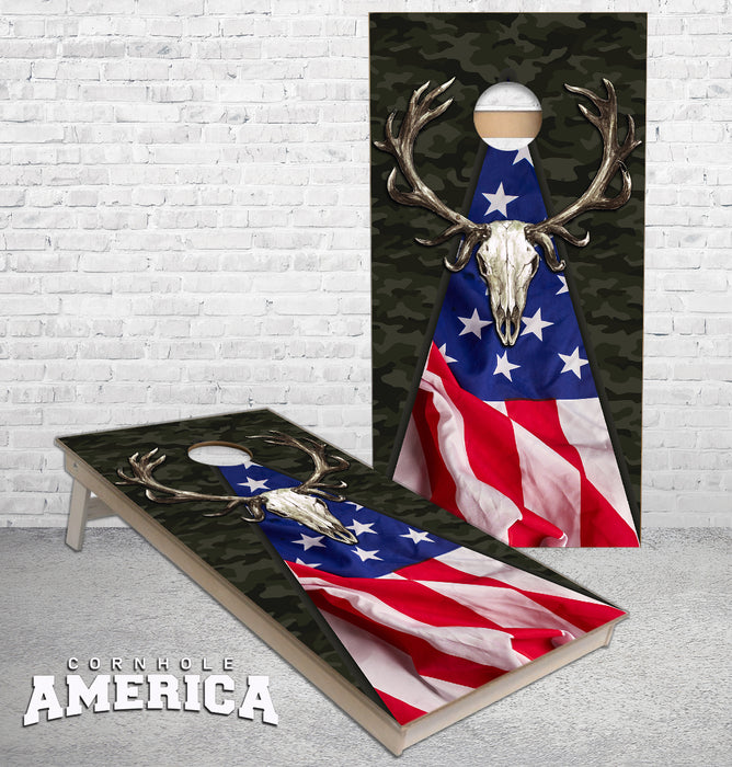 Deer Skull US Flag triangle theme cornhole boards