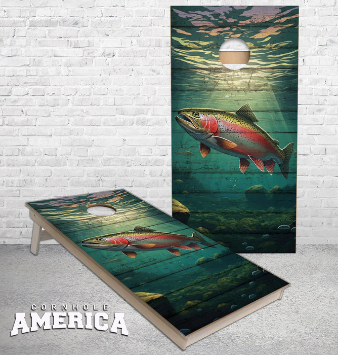 Rainbow Trout in stream on weathered horizontal wood cornhole boards