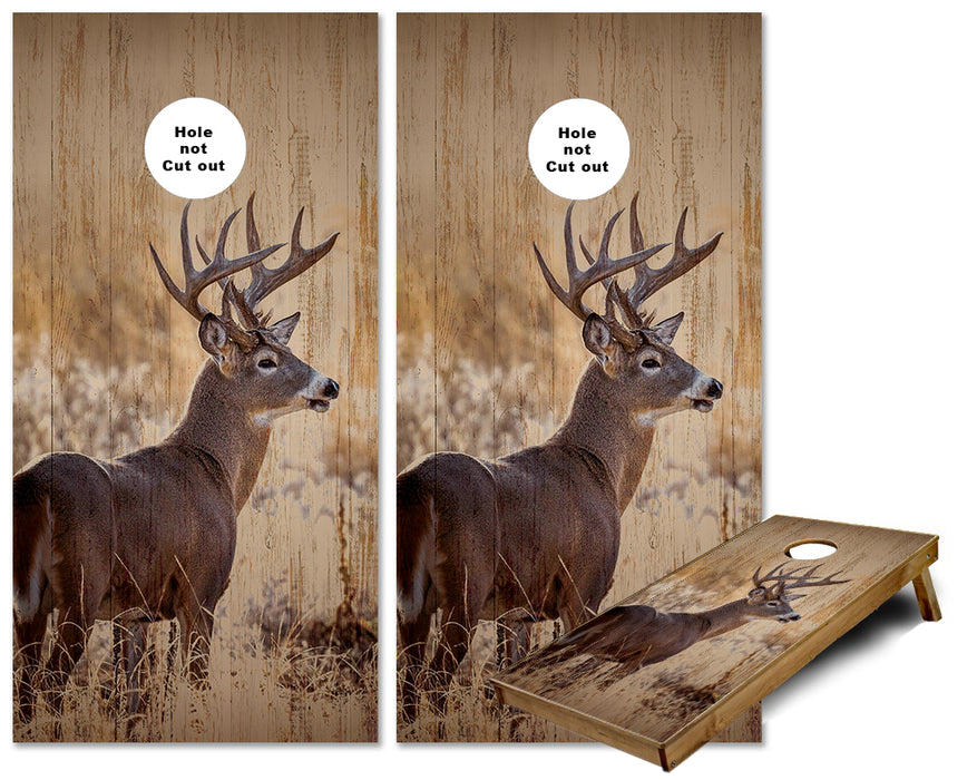 Whitetail Buck standing in tall grass cornhole wraps