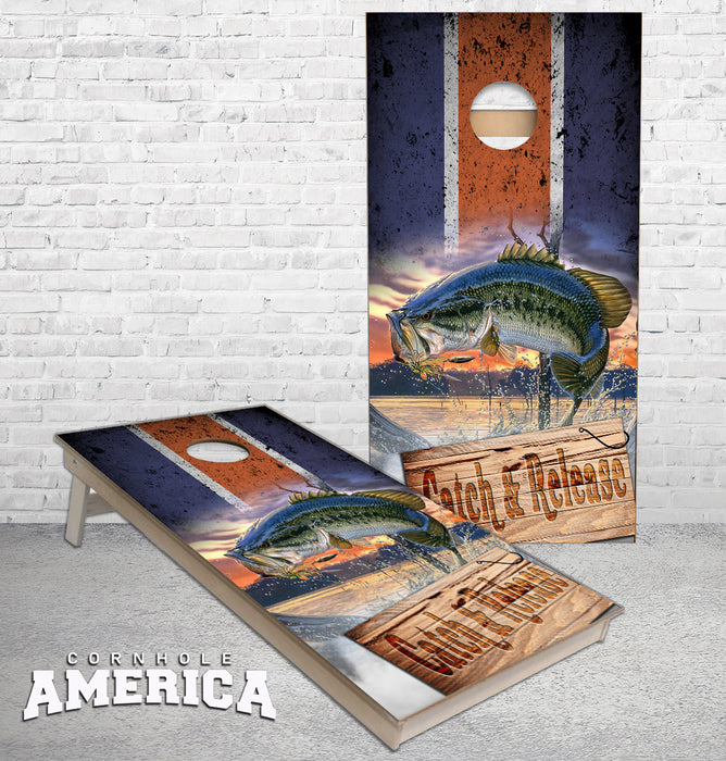 Catch and Release Bass Fishing striped Cornhole Boards