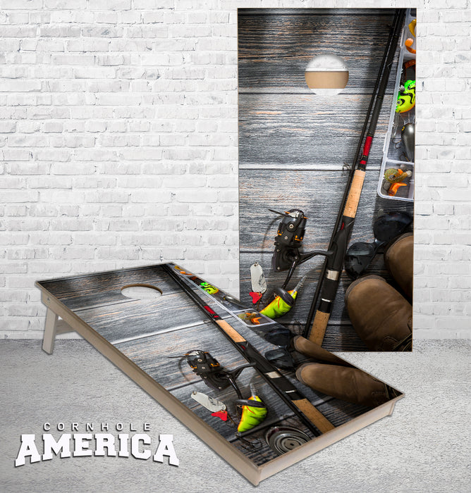 Fly Fishing Tackle and poles cornhole boards