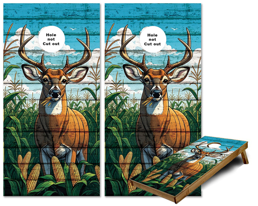 Whitetail Buck Eating in a corn field weathered wood cornhole wraps