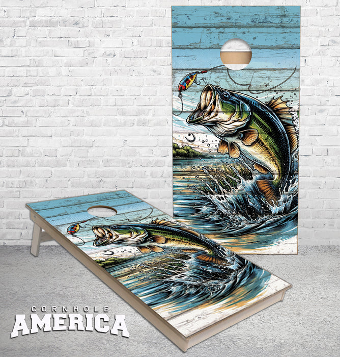 Large Mouth Bass Jumping out of the water on Rustic wood plank cornhole boards