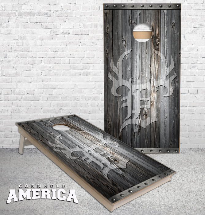 Detroit Buck Club Rustic Grey wood cornhole boards