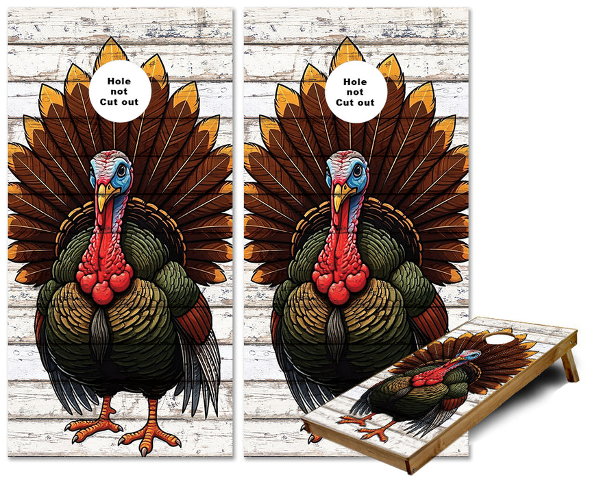 Wild Turkey fanning feathers on weathered wood cornhole wraps