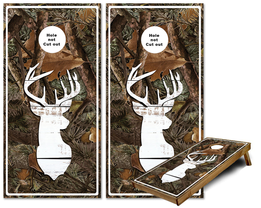 Leafy Camo with Rustic Wood Buck Deer Cornhole wraps