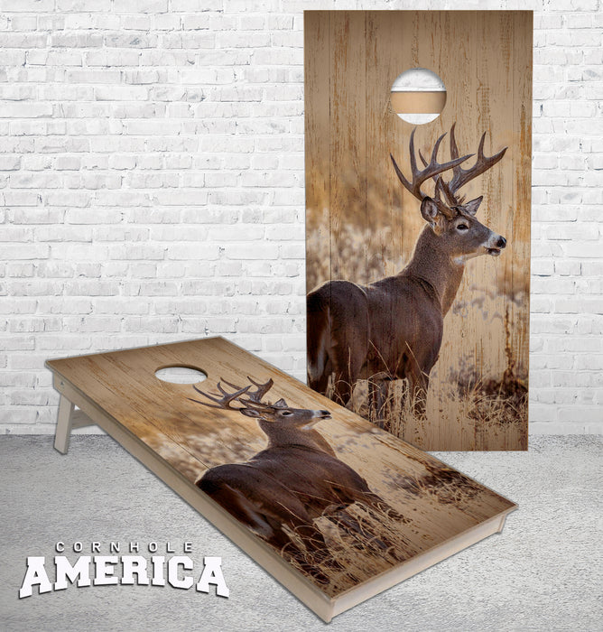 Whitetail Buck Deer Wood overlay cornhole boards