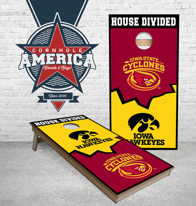 House divided Iowa and Iowa state cornhole boards