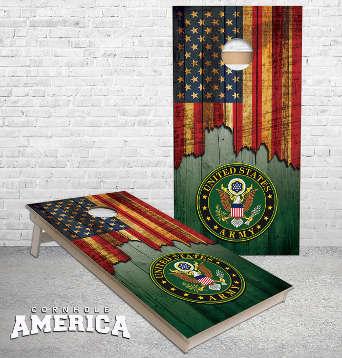 Jagged US Flag with Army Logo cornhole boards