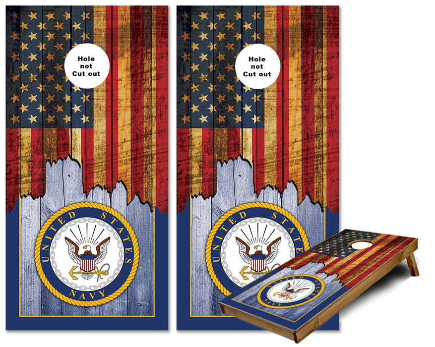 Jagged US Flag with United States Navy Emblem cornhole wraps