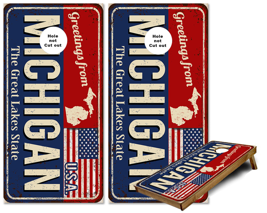 Michigan License Plate with US Flag Cornhole wraps