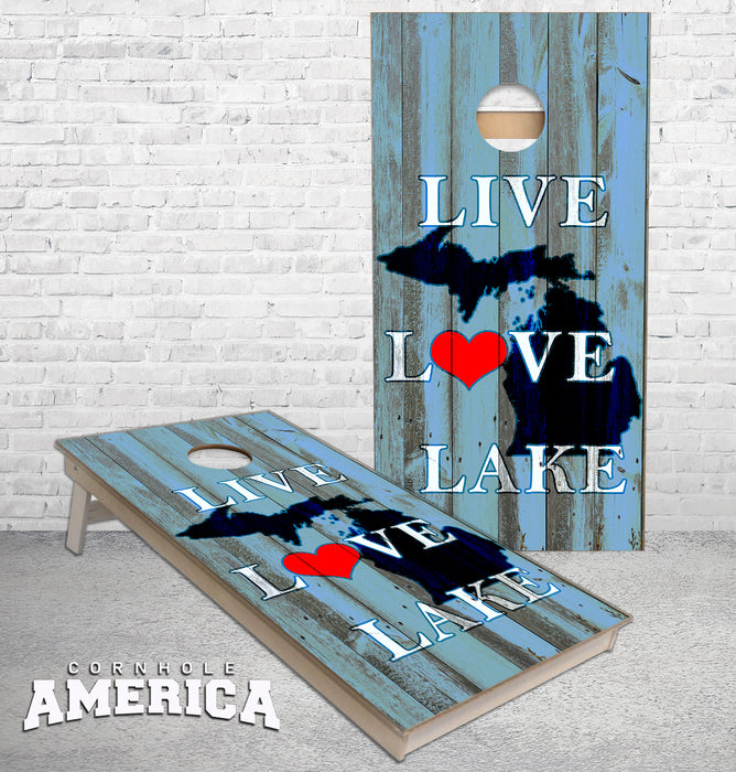 Blue Live Love Lake Michigan Cornhole boards