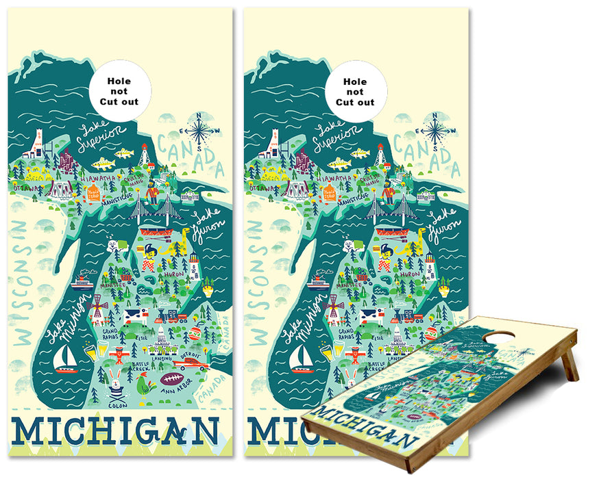 Michigan Map Cities UP and Lower Peninsula cornhole wraps