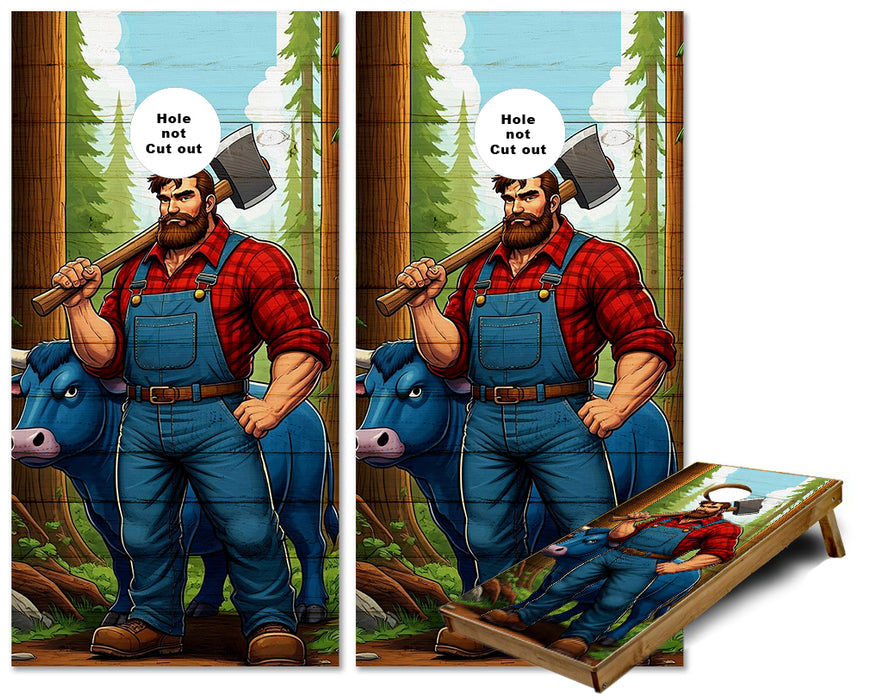 Paul Bunyan and Babe his Big Blue Ox cornhole wraps