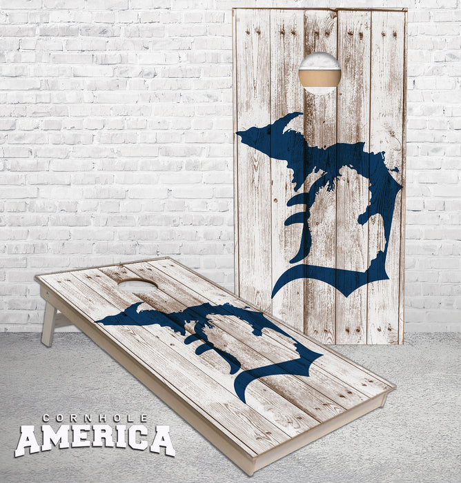 Rustic White wood with Old English D Michigan outline Cornhole boards