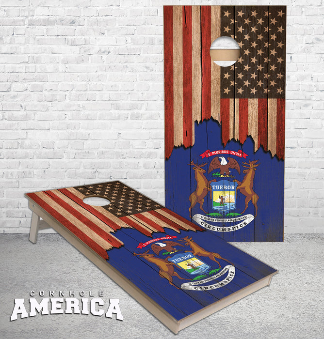 Jagged US Flag with Michigan Flag on Wood cornhole boards