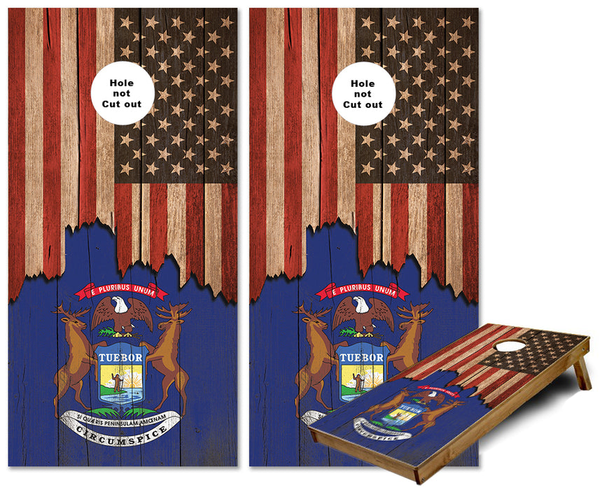 Jagged US Flag with Michigan Flag on Wood cornhole boards