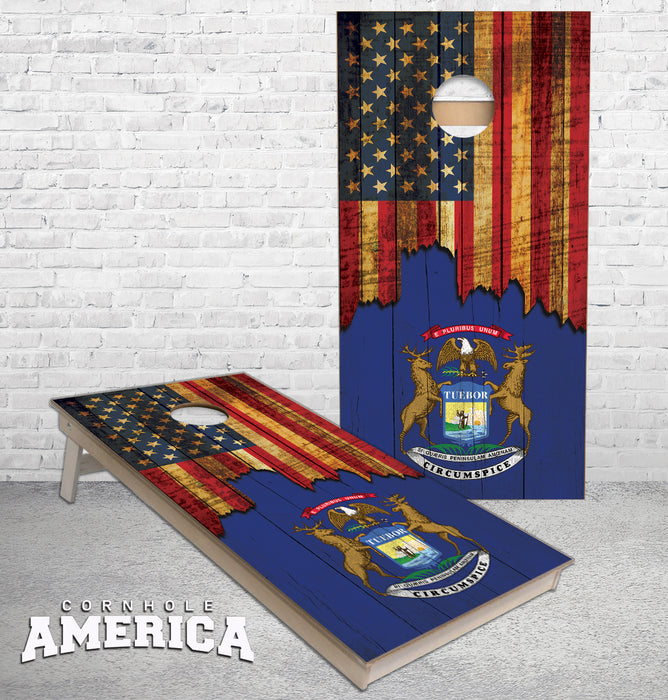 Jagged US Flag with Michigan Flag on Wood reversed cornhole boards