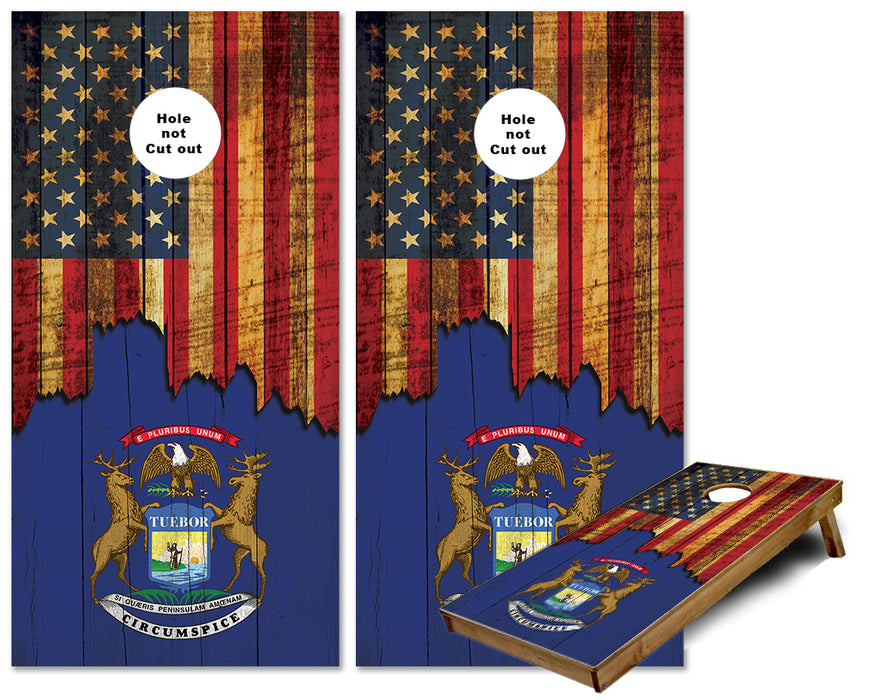 Jagged US Flag with Michigan Flag on Wood reversed cornhole wraps