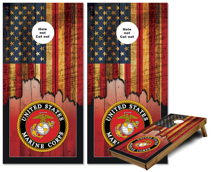 Jagged US Flag with United States Marines Emblem cornhole wraps