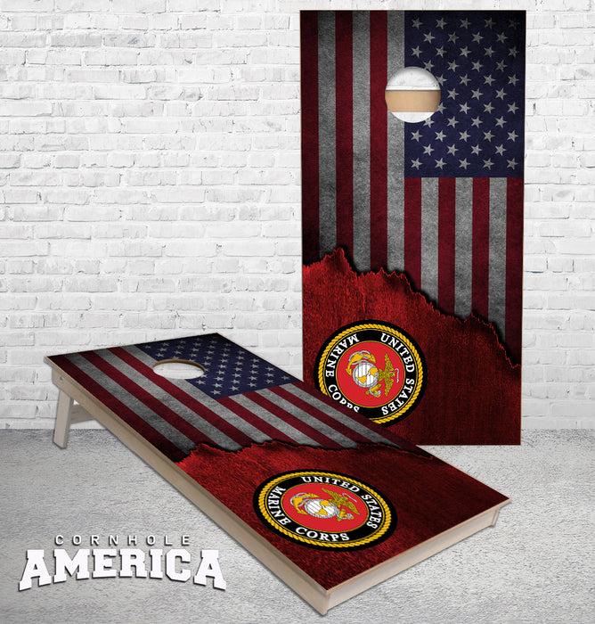 US Marines Logo on torn metal weathered American Flag cornhole boards