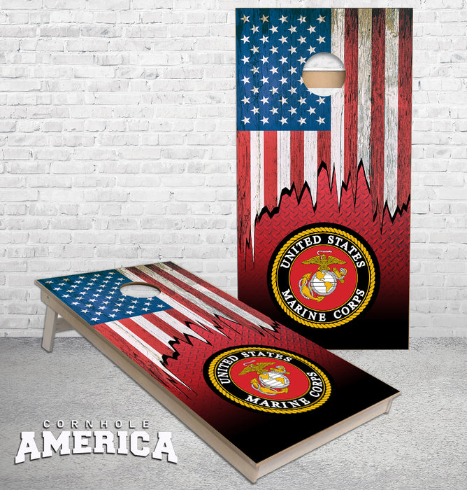 Splintered wooden US flag with Marines Corps logo cornhole boards