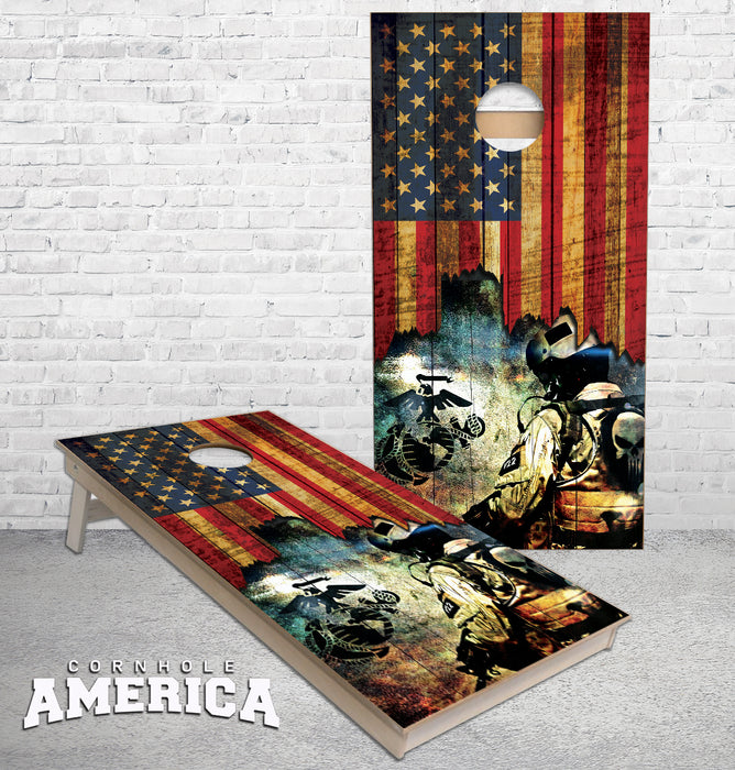 Jagged US Flag with Marine Punisher cornhole boards