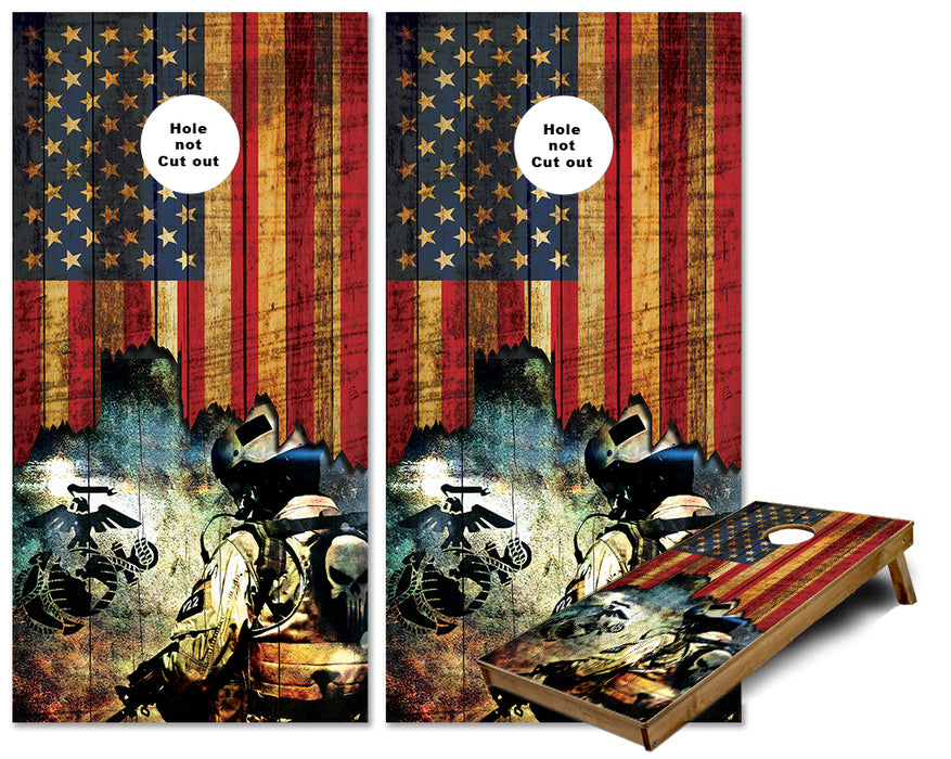 Jagged US Flag Marines Punisher design cornhole wraps