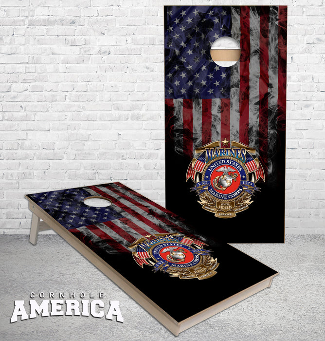 US Marines emblem on smokey United States flag cornhole boards