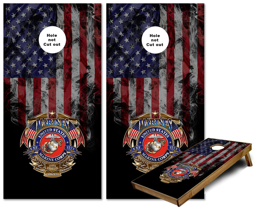 US Marines emblem on smokey United States Flag cornhole wraps