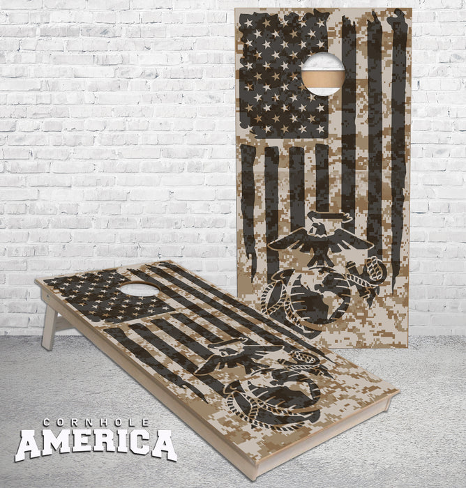 US Marine logo on Camo American Flag cornhole boards