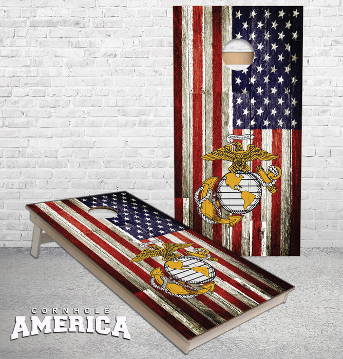 US Marines logo on weathered wooden American Flag cornhole boards