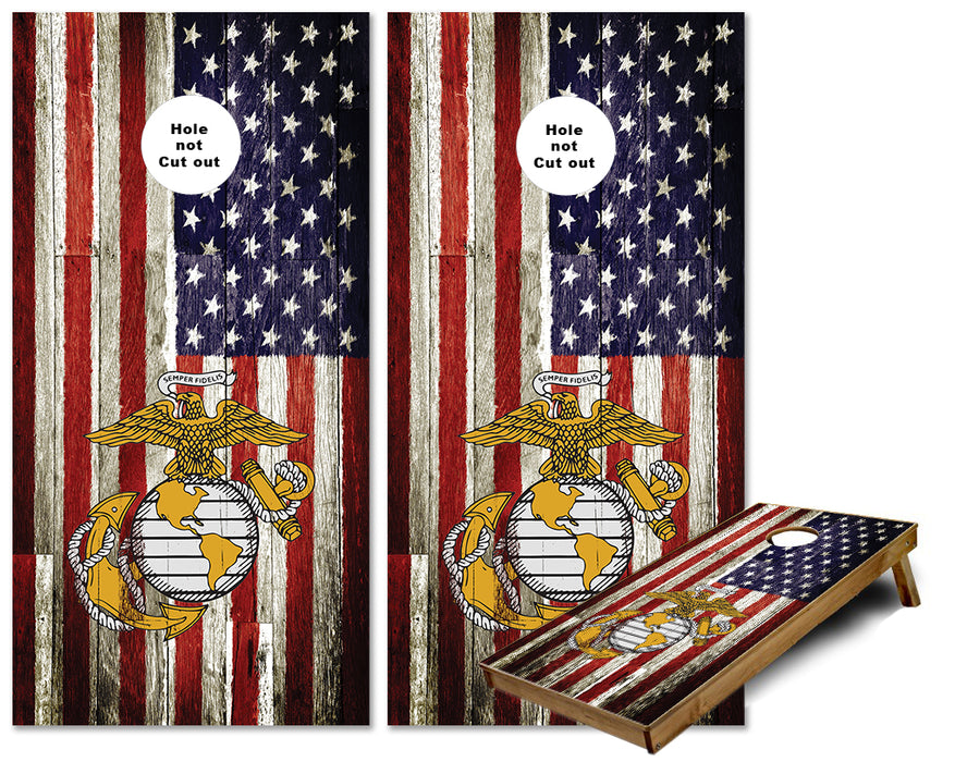 US Marines Logo on Weathered US Flag cornhole wraps