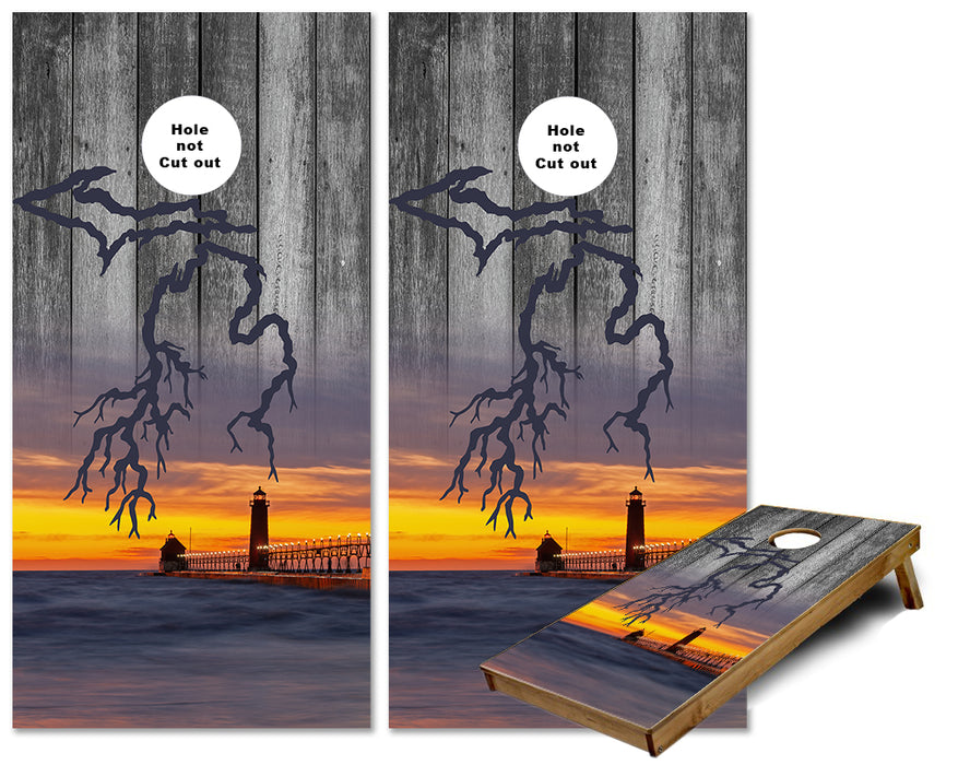 Michigan Roots Sunset Grand Haven Pier rustic wood Cornhole wraps