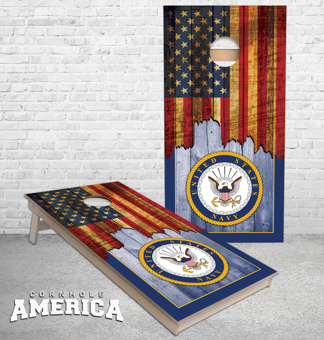 Jagged US Flag with United States Navy Emblem cornhole boards