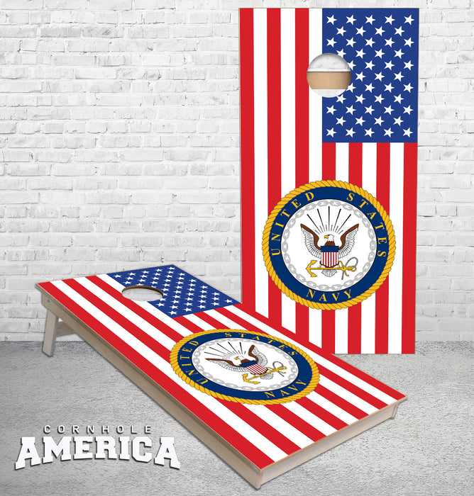 Navy Logo on US Flag cornhole boards