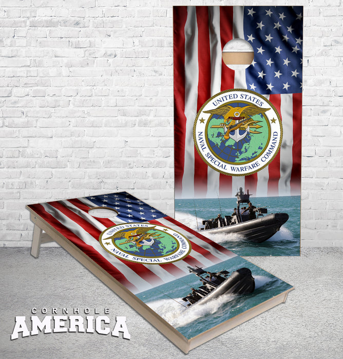 Navy NSWC US Flag cornhole boards