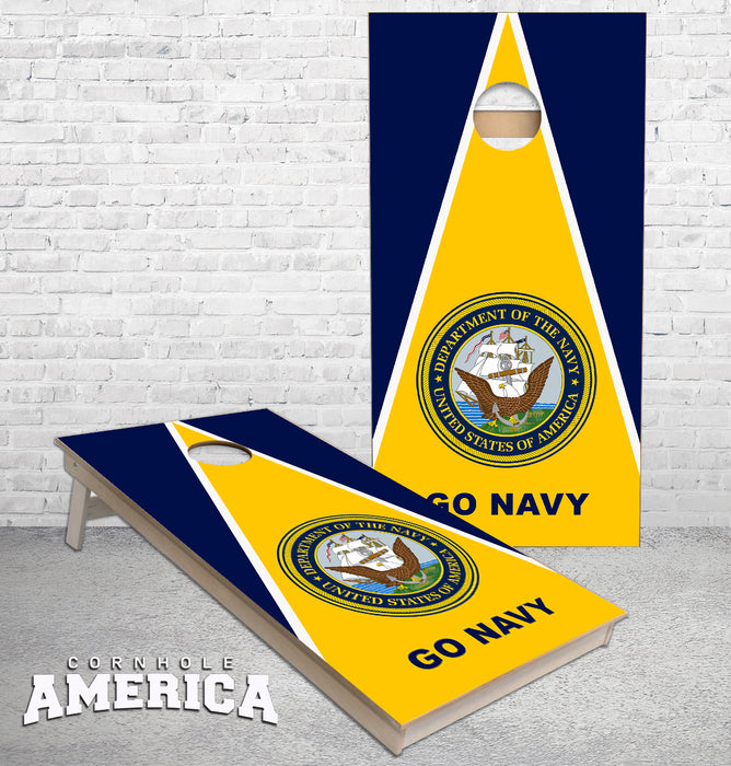 US Navy Go Navy Triangle themed cornhole boards