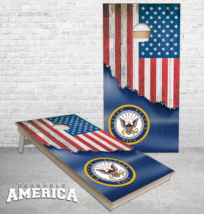 US Navy Torn Metal US Flag cornhole boards